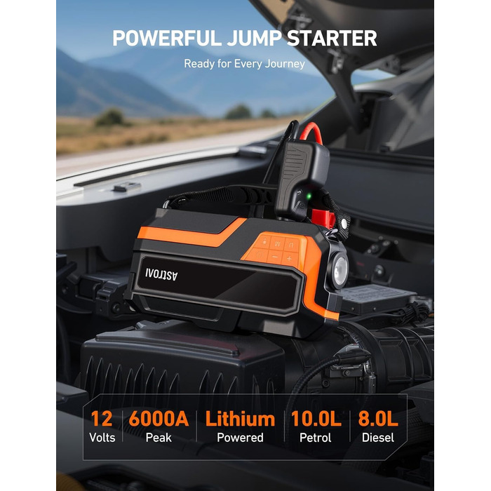 Powerbank AstroAI MF16 6000A з компресором 150PSI: старт для авто, мото, SUV (12V, 10L бензин/8L дизель), LED-дисплей, оранжевий