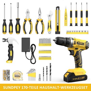 Набір інструментів Sundpey 170 предметів з акумуляторним дрилем-шуруповертом 21V, універсальний для дому, будівельні та ремонтні роботи