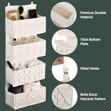 Органайзер для дверей з 4 кишенями, Бохо декор, настінне кріплення, для спальні, дитячої кімнати, ванної кімнати, слонова кістка