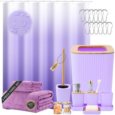 Набір аксесуарів для ванної кімнати з чорним мармуровим малюнком: відро для сміття, полиця для раковини, дозатор мила, мильничка, тримач для зубних щіток, стаканчик для зубних щіток, йоржик для унітазу, тримач для ватних паличок + душова штора + рушники (