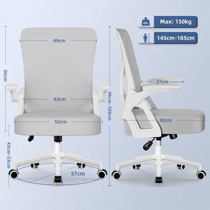 Ергономічне крісло для офісу, крісло для робочого столу з підйомними підлокітниками, регульована поперекова підтримка, офісне крісло для керівника, поворотне крісло, сітчасте крісло з функцією гойдання до 125° (Сірий, без підголівника)