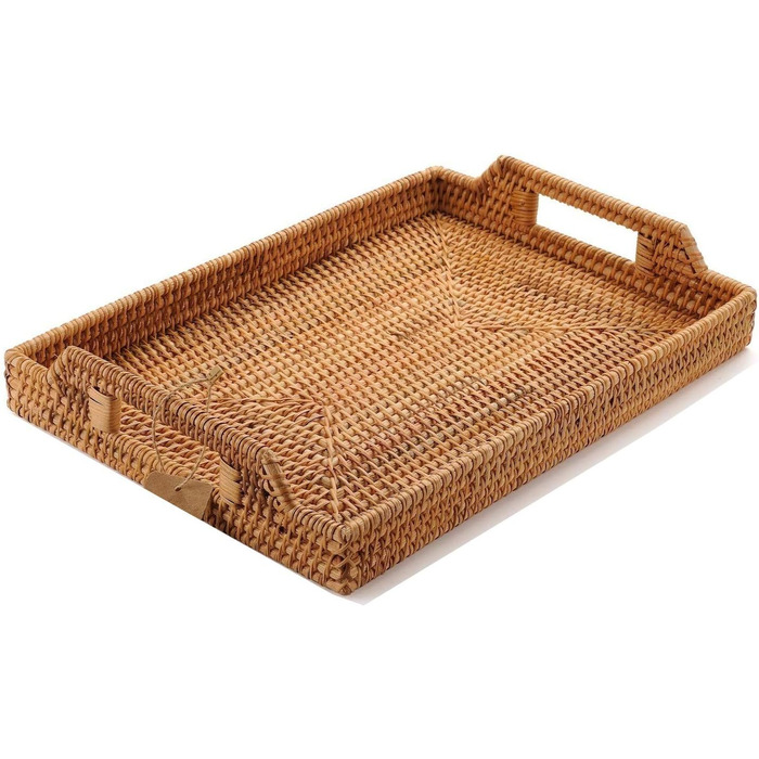 Rattan Serving Tray with Handles, Rectangular Tray from Rattan for Breakfast, Drinks, Snacks for Eating/Coffee Table (43 cm)