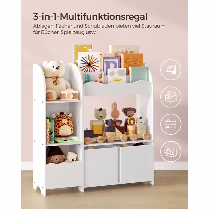 SONGMICS Kids' Room Shelf, Toy Organizer, Bookshelf for Children, Multifunctional Storage Unit with 2 Storage Boxes, Space-Themed Stickers, Kids' Room, Bedroom, White GKR42WT (Cloud White)