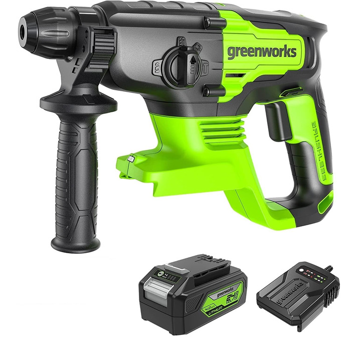 Greenworks GD24SDS2 Акумуляторний дриль-ударний SDS з безщітковим мотором, 0-1000 об/хв, 0-4500 уд/хв, 2 Джоулі ударної сили, БЕЗ акумулятора 24V та зарядного пристрою, 3 роки гарантії (SDS-дриль 4Ah)