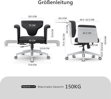 Офісне крісло Newtral FX-FF з регульованою висотою та (за бажанням) підлокітниками, поворотне, з гумовими колесами, для дому та офісу, модель Freedom-X FF (чорний)