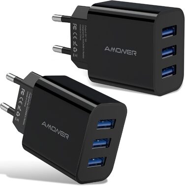 Мережевий адаптер Amoner USB 3-портовий 15W, 2 шт. для iPhone 14/13/12/11/X/8 та інших пристроїв, чорний