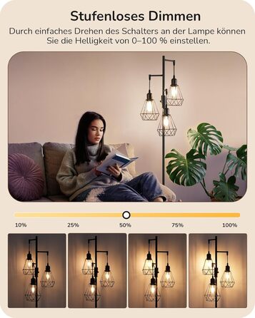 LED торшер Edishine для вітальні, 3 лампи, ретро стиль, диммування, 4W E27, металевий абажур-сітка, 2700K, висота 166 см, чорний