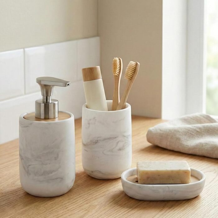 Набір для ванної кімнати 4 предмети з піддоном - мильничка, дозатор для мила (цинковий сплав), стакан для зубних щіток, поличка - мармуровий дизайн, бамбук - сучасний органайзер (Набір 3 Marble)