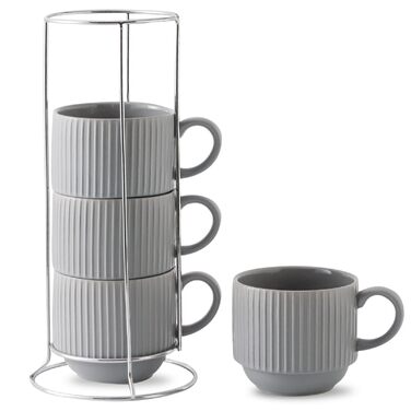 Набір кавових чашок Hasense Porcealin, 4 шт. з підставкою, 425 мл, великі керамічні чашки з рельєфною поверхнею для капучино, чаю, гарячого шоколаду, напоїв, придатні для миття в посудомийній машині (сірий, 425 мл)