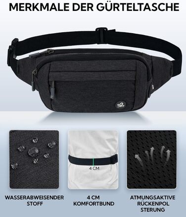 WATERFLY Поясна сумка на пояс для чоловіків та жінок: спортивна сумка на талію, сумка-шоппер, сумка на стегно для подорожей, піших прогулянок, дресирування собак, активного відпочинку на природі. Чорний, сірий колір.