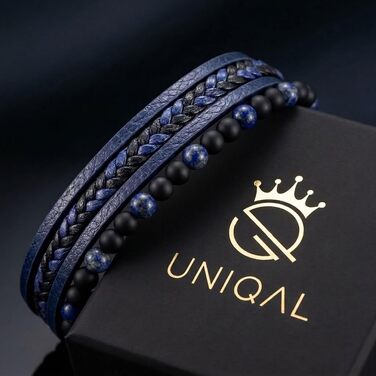 Чоловічий браслет UNIQAL 'FANCY' з натурального каменю Лазурит та натуральної шкіри, нержавіюча сталь, 21 см, синій (у подарунковій коробці)