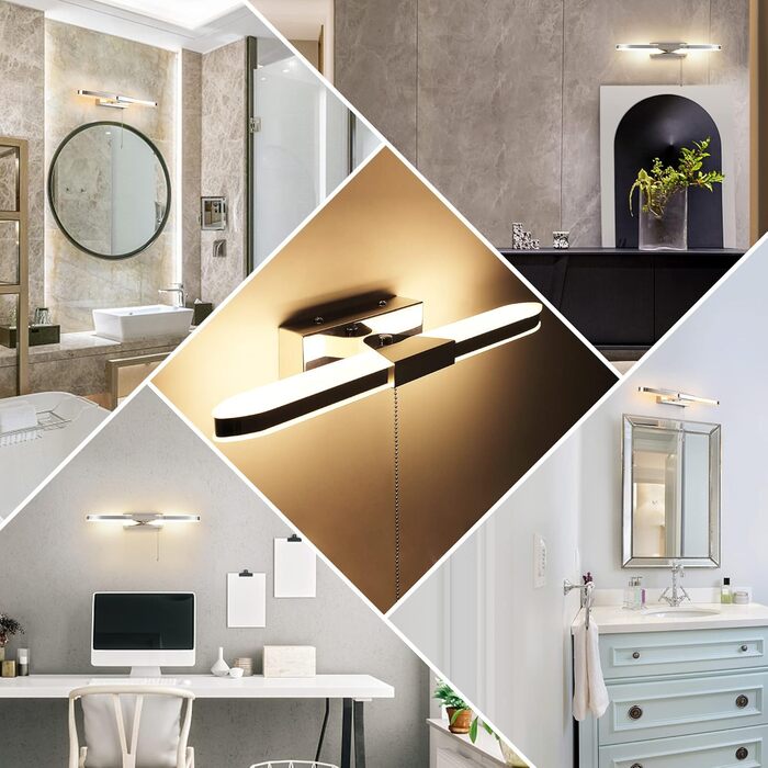 MantoLite LED Bathroom Wall Light with Pull Cord, 40CM Picture Display Lamp Mirror Lighting Wall Sconce for Hotel Restaurant Modern Reading Lamps, 8W 3000K Stainless Steel Acrylic Lighting