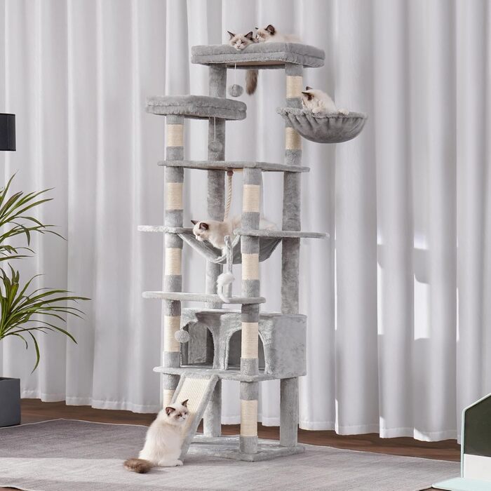 Багатоповерховий котячий будиночок Heybly Kratzbaum HCT033G сірий (200 см), з 11 стовпчиками для шліфування, платформами, гамаком, печерою та іграшками