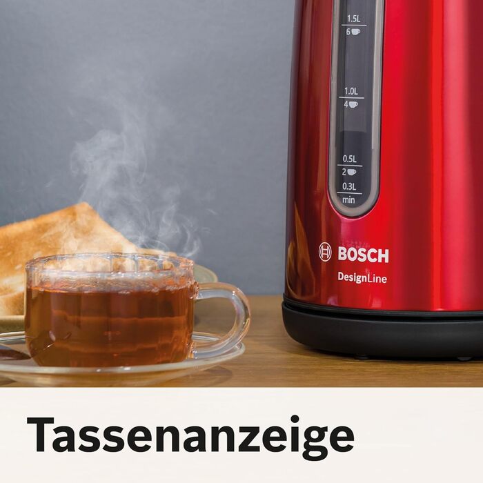 Електричний чайник Bosch DesignLine TWK4P434, 1.7 л, червоний: без розбризкування, індикатор рівня води, захист від перегріву