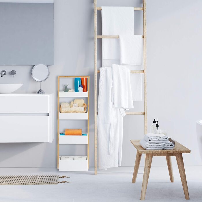 Relaxdays 10031461 Badregal, 4 Shelves, Bamboo & MDF, Bathroom Storage, Slim Shelf HWD 88x30x18 cm, White/Natural
