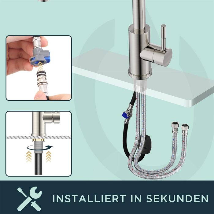 Змішувач кухонний FORIOUS з висувною лійкою та душем, 360° обертання, 2 режими, нержавіюча сталь