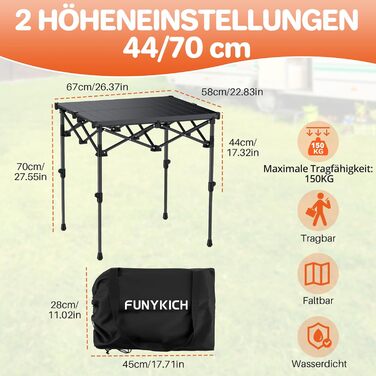 FUNYKICH Складаний столик для кемпінгу 82 x 40 см з регулюванням висоти (44/70 см), легкий та портативний, з сітчастою кишенею, алюмінієва розкладна стільниця для барбекю, кемпінгу, пікніка, саду