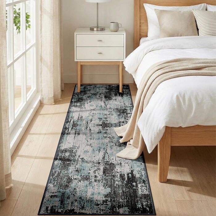 Килимок-доріжка 60 x 180 см, неслизький, з коротким ворсом, для кухні, миється, складається, абстрактний дизайн, синьо-чорний колір, підходить для входу, кухні, вітальні та офісу