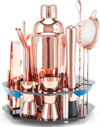 Набір для коктейлів 21 предмет | Набір шейкерів для коктейлів з поворотним підставою | Шейкер з міцної нержавіючої сталі з аксесуарами | У комплекті стильна чорна подарункова коробка | Барний набір (рожеве золото)