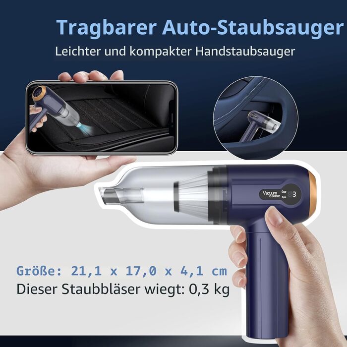 Акумуляторний ручний пилосос Handstaubsauger 15000 Па, 4-в-1, з дисплеєм LED, USB зарядка, для авто, дому, шерсті тварин, блакитний