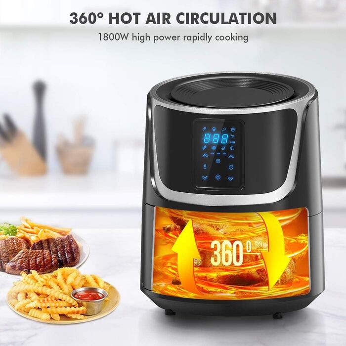 Фритюрниця VECATECH Heißluft XXL 5.5л з цифровим сенсорним екраном, 8 програмами та 1800W - безмасляна фритюрниця для здорового харчування