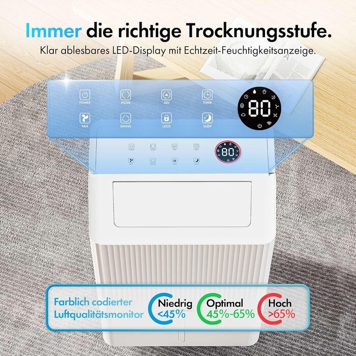 Електричний осушувач повітря VonHaus 20л/24г з Wi-Fi, для підвалу та кімнат до 20м², з таймером та шланг для зливу, сумісний з Alexa & Google Home