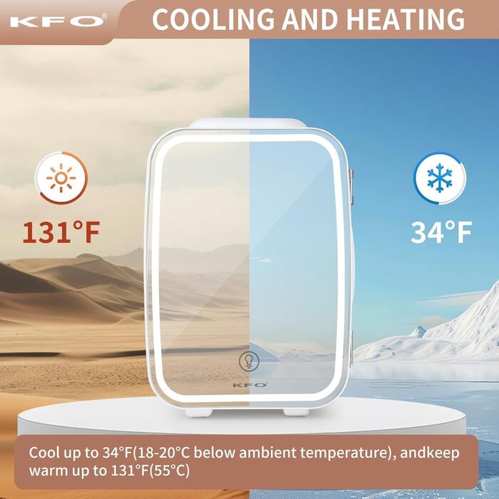 Міні-холодильник KFO 4L, тихий (20dB) з LED-дзеркалом для косметики та напоїв, 220V/12V, термоелектричний, білий