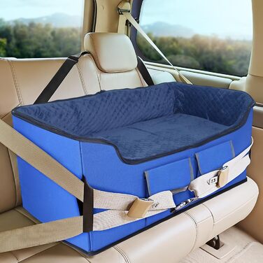 Stable Multi-Pet Car Seat Booster with Safety Belt for Medium Dogs, Washable & Large Capacity Reinforced Dog Basket for Rear Seat (Blue, L)