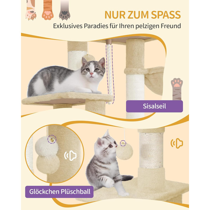 Дерев'яний будиночок для котів Hzuaneri Kratzbaum, 149 см, з 5 стовпчиками для шліфування, платформами, затишною печерею, багатоповерховий центр активності для котів, помпонами, бежевий (MS14918LG)