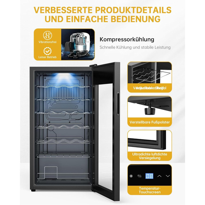WIE 33 Liter Wine Fridge - 1 Zone Mini Wine Cooler with Glass Door & LED Touch Panel - Anti-UV Wine Storage for 28 Bottles