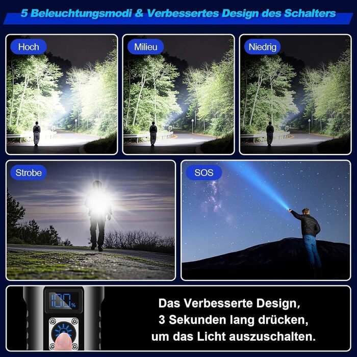 Ліхтарик LED акумуляторний, 500 000 люмен, тактичний, з регулюванням фокусу, 5 режимів, для кемпінгу, матовий чорний