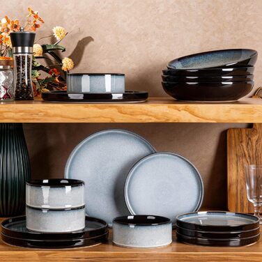 Набір керамічного посуду LERATIO для 4 осіб: тарілки та миски з реактивної глазурі (сіро-білий)