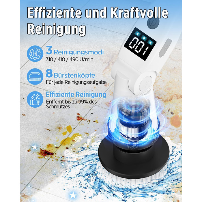 Електрична щітка для прибирання з 8 насадок, 3 швидкості, IP65 водостійка, регульована ручка, акумуляторна щітка для ванної, кухні, плитки, душу та кутів (біла)