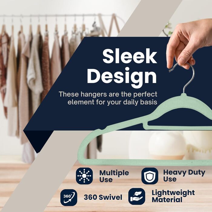 Набір плечиків для одягу з оксамиту, 50 шт., м'ятно-зелені. Плечики для одягу з антиковзаючим покриттям, з органайзером для краваток, обертаються.