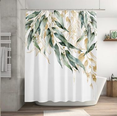 Штора для душу M&W DAS DESIGN з поліестеру, листя зелено-золоті, водонепроникна, з кільцями, 180x200 см