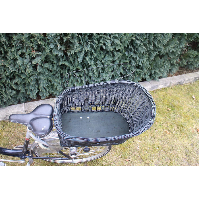 Корзина для велосипеда для перевезення багажу з лози з металевою сіткою та подушкою, чорна XL або XXL. Підходить для собак та інших тварин. Розміри XXL: 60 x 40 x 50 см (без подушки).