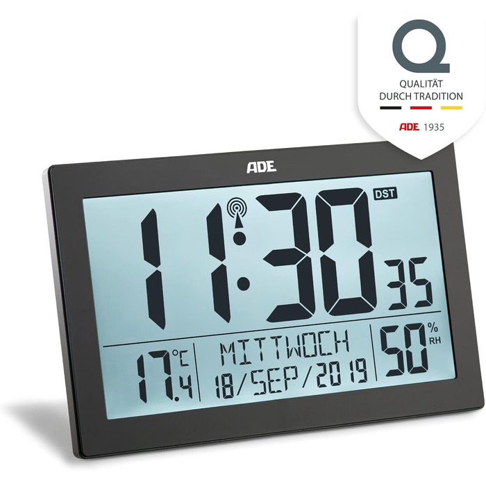 Digital Radio Clock with Large XL Display | Calendar | with Temperature Display & Hygrometer | Wall Clock | Radio Alarm Clock with 2 Alarm Times and Snooze Function | (--)