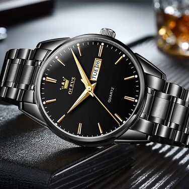 Чоловічий годинник OLEVS класичний, кварцовий, золотисто-чорний зі сталевим ремінцем, водонепроникний, з датою та підсвічуванням