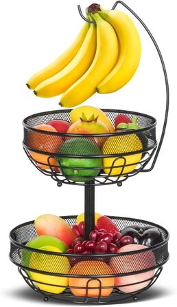 Двоярусна підставка для фруктів з кріпленням для бананів, чорна, з металевою мискою