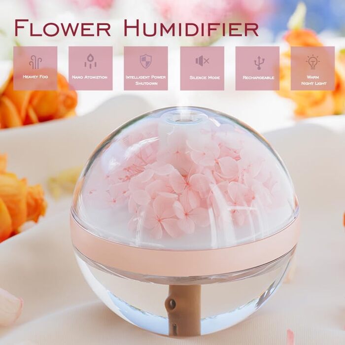 stored a 270 ml water-filled humidifying spray bottle, a fully rechargeable essential oil diffuser, a night light, and a waterless drain (Pink)