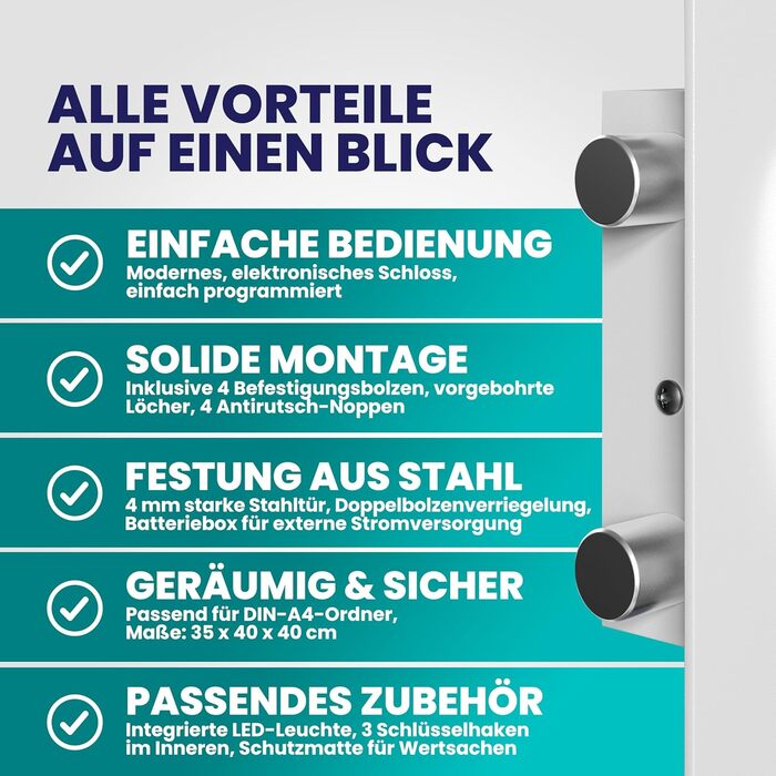 DEUBA® XXL електричний сейф 35x40x40 см, 4 мм, з подвійними сталевими болтами, внутрішнім освітленням, монтажним комплектом. Сейф для документів, меблевий сейф, срібний