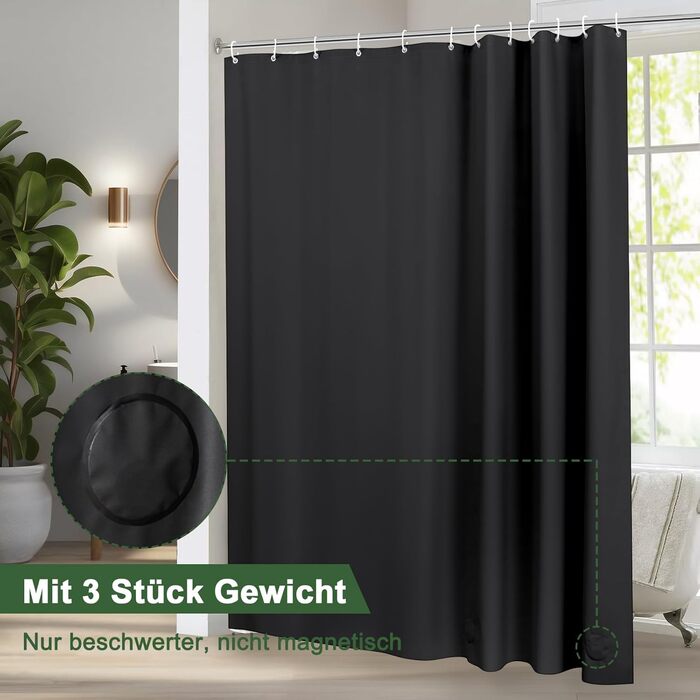 Прозорий душовий завіс AooHome 180x200 см з магнітами, антигрибковий, водонепроникний, з 12 кільцями, шестикутний малюнок, для ванни/душової кабіни (Чорний)