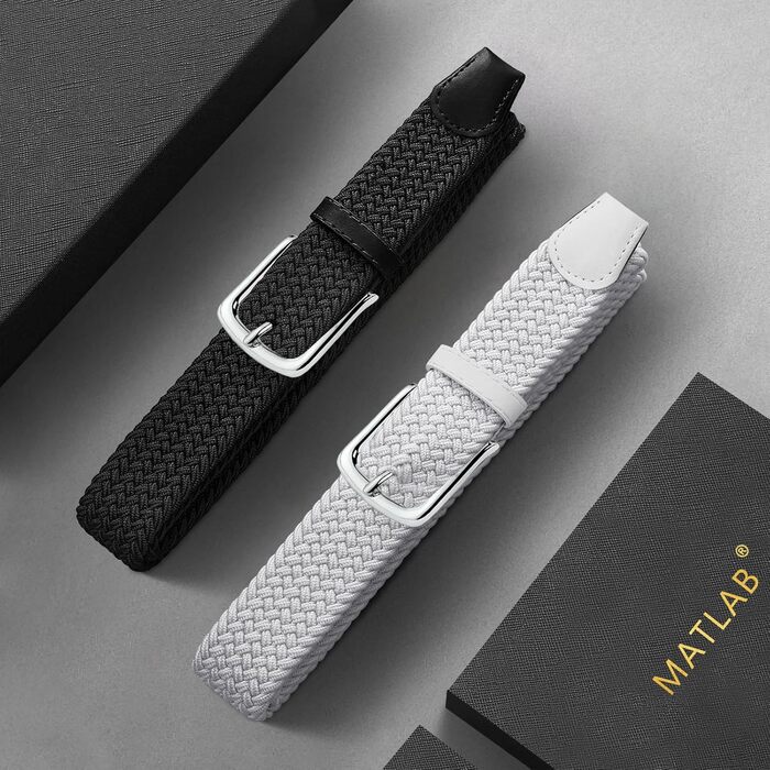 Набір з 2 еластичних плетених ременів для жінок та чоловіків – регульовані, 3,3 см, довжина 100-120 см (Чорний + Білий, довжина 110 см)