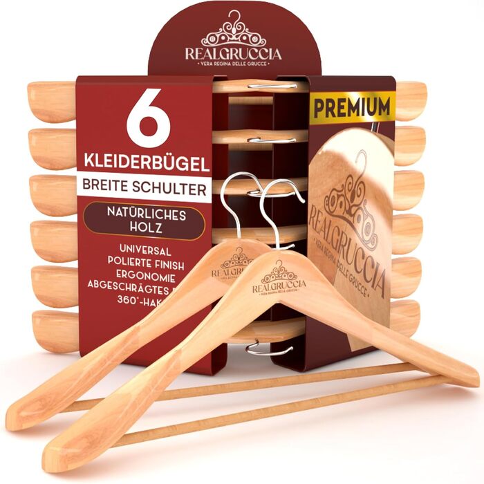 6 Wooden Clothes Hangers, Wide Shoulder, Wood Hangers, Natural Wood Color - RealGruccia with Trouser Bar, Polished Surface, Swivel Hook, and Beveled Profiles - 24x45cm