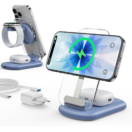 Підставка для зарядки MagSafe 3-в-1 для iPhone 17/16/15/14/13/12 Pro Max/Air/Plus/Pro та Apple Watch 10/9, AirPods 3/2/Pro (блакитна)