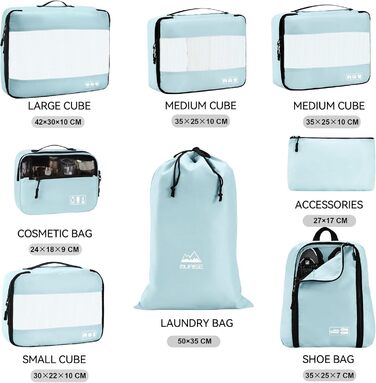 Органайзер для валізи MURISE, 8 шт. - Packing Cubes для подорожей, сумки-органайзери для валізи, з мішком для взуття та косметичкою, система організації, Travel Essentials, (Світло-блакитний)