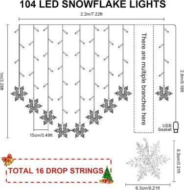 Ланцюжок LED-ліхтарів 2x2м, 200 LED, USB, тепле біле світло, для декору стін, кімнат, вечірок, весіль, Рамадан, Різдво (сніжинки)