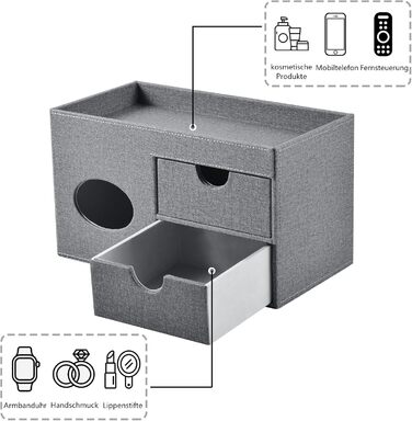 Tissue Box Linen with Drawers, Square Cosmetic Tissue Box with Magnetic Closure, Tissue Box with Side Pocket for Mobile Phones, Cosmetic Brushes, Remote Controls, Office Supplies, Perfumes (Gray)