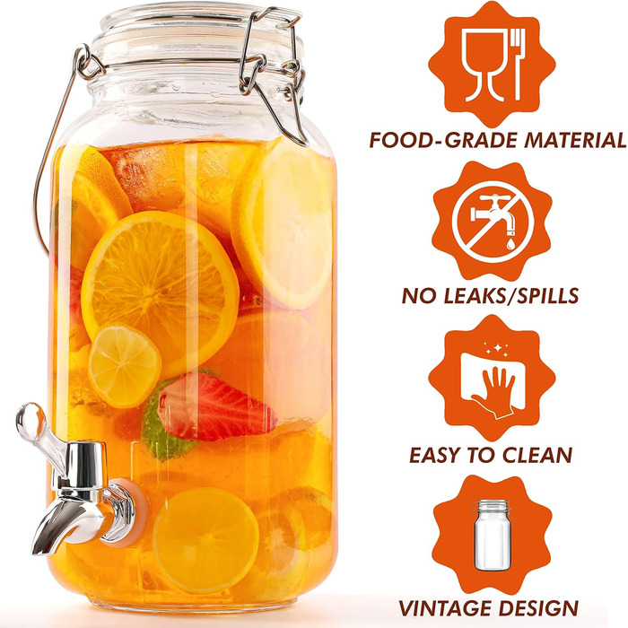 Скляний диспенсер для напоїв Belle Vous з краном - 2,5 л - Скляний диспенсер для води, соку, коктейлів, молока та айті (холодного чаю) - Ретро диспенсер для вечірок, пікніків та барбекю