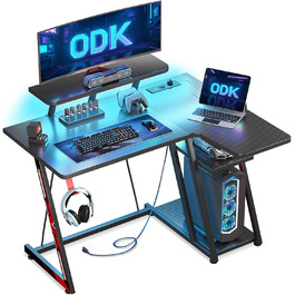 LED Gaming Desk with Power Outlets - L-Shaped PC Gaming Table with Monitor Stand & Storage - Carbon Fiber Black 100cm